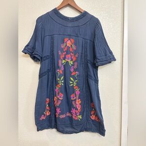 Free People Perfectly Victorian Embroidered Mini Dress Boho Blue Floral Tunic